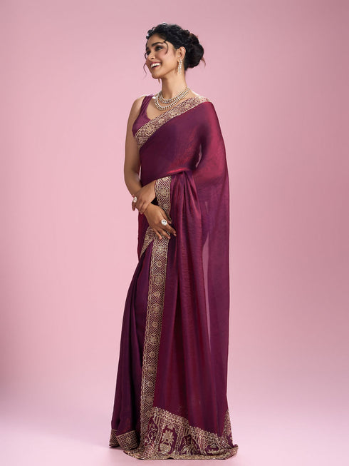 Mohey Elegantly Detailed Wine Saree
