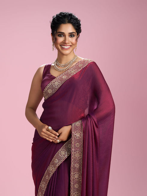 Mohey Elegantly Detailed Wine Saree