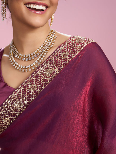 Mohey Elegantly Detailed Wine Saree
