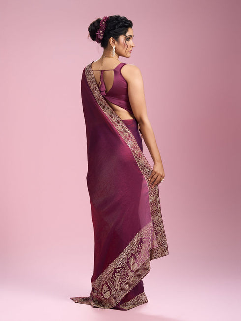 Mohey Elegantly Detailed Wine Saree