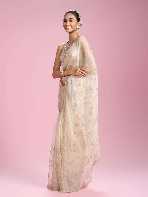 Mohey Ornate Cream Organza Saree