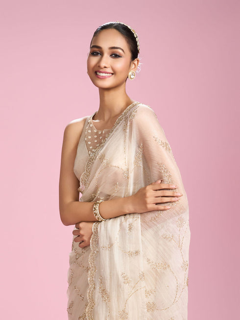 Mohey Ornate Cream Organza Saree