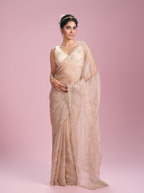 Mohey Fawn Organza Elegance Saree