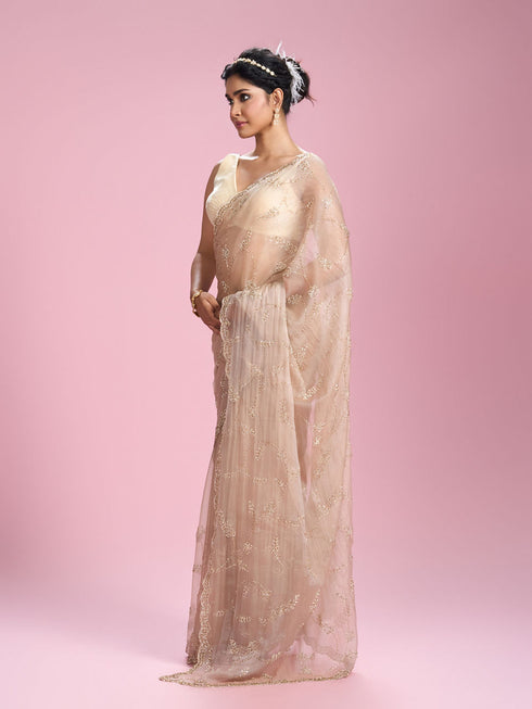 Mohey Fawn Organza Elegance Saree