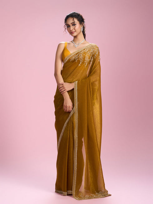 Mohey Mustard Yellow Chinon Saree
