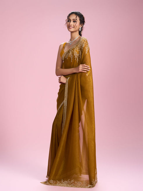 Mohey Mustard Yellow Chinon Saree