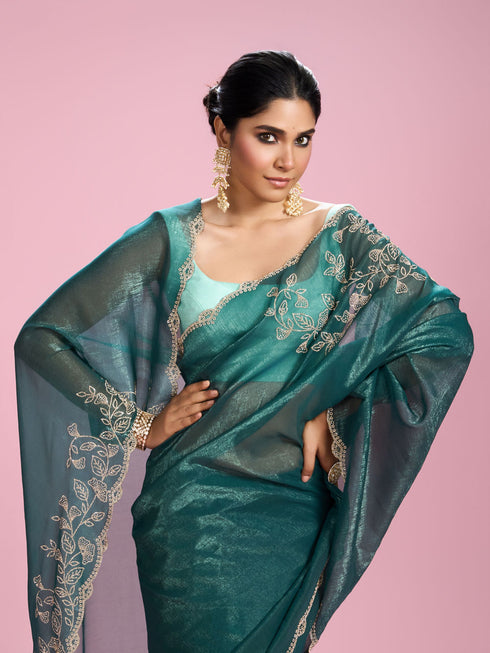 Mohey Sea Green Chinon Party Wear Saree