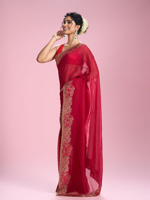 Mohey Lustrous Rani Pink Organza Saree