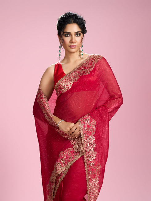 Mohey Lustrous Rani Pink Organza Saree