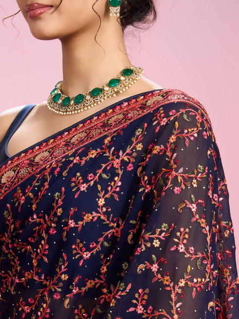 Mohey Indigo Blue Georgette Saree