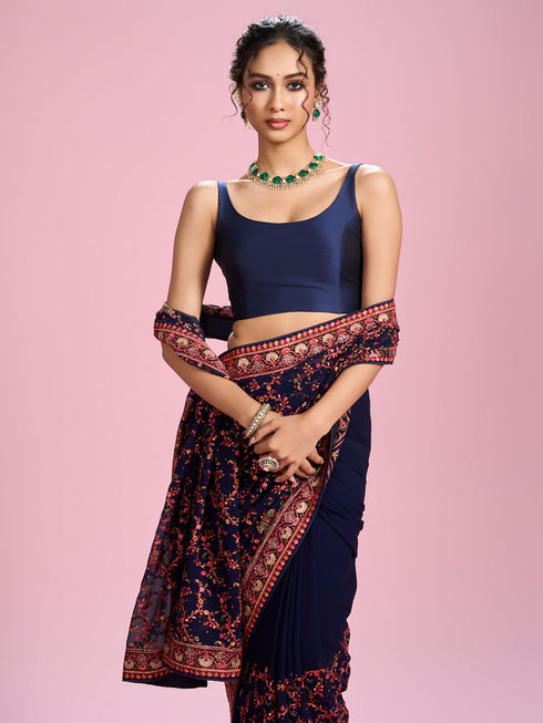 Mohey Indigo Blue Georgette Saree