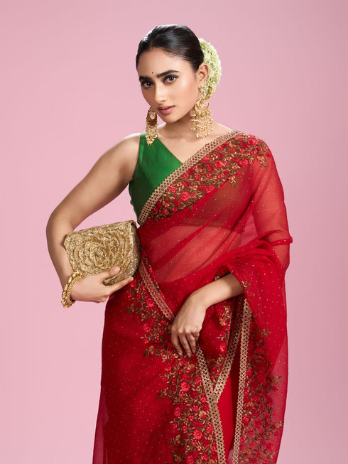Mohey Radiant Red Chiffon Saree