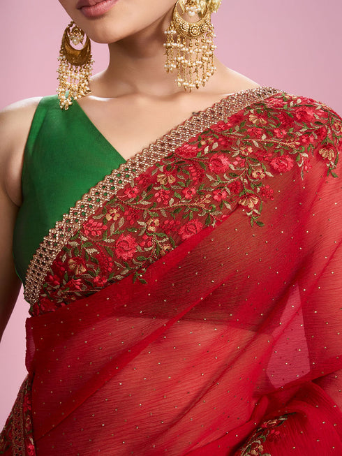 Mohey Radiant Red Chiffon Saree