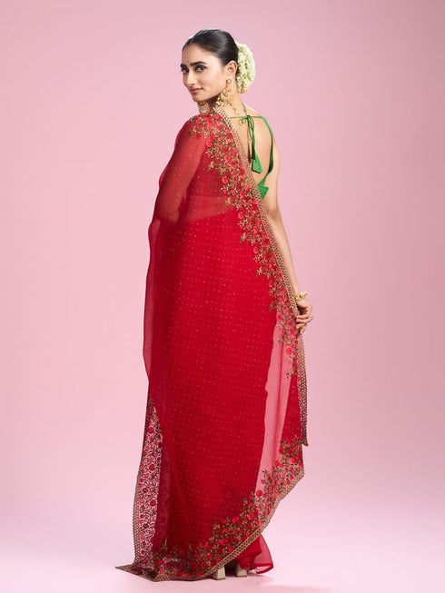 Mohey Radiant Red Chiffon Saree