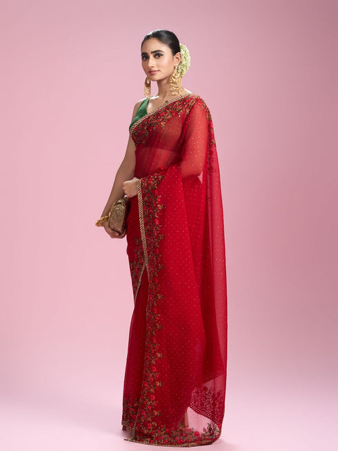 Mohey Radiant Red Chiffon Saree