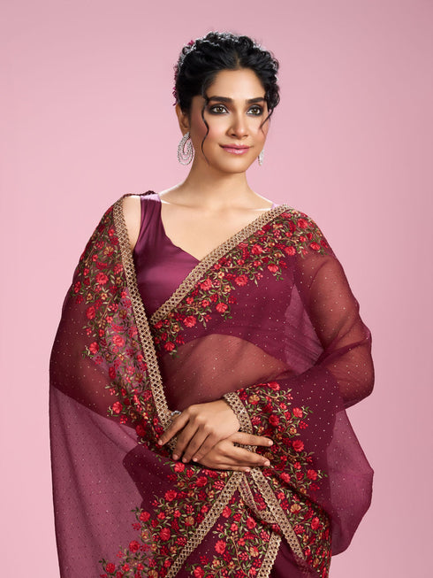 Mohey Wine Toned Celebration Saree