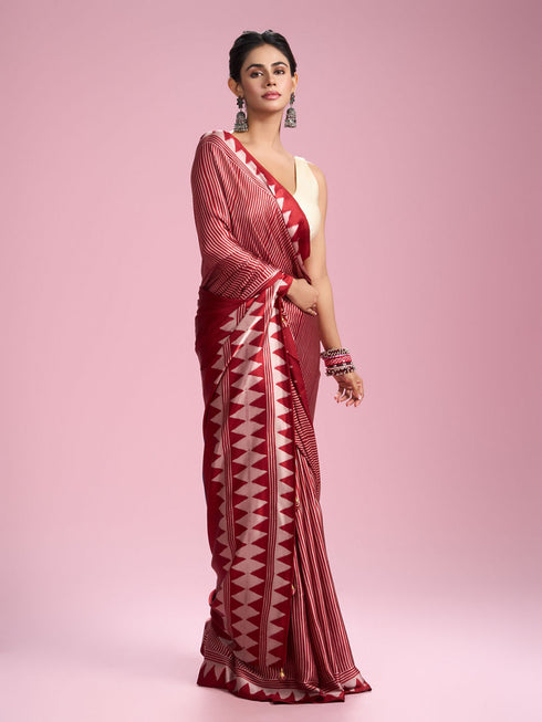 Mohey Glamourous Red Satin Saree