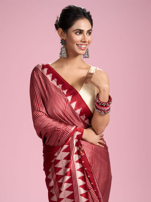 Mohey Glamourous Red Satin Saree