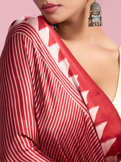 Mohey Glamourous Red Satin Saree