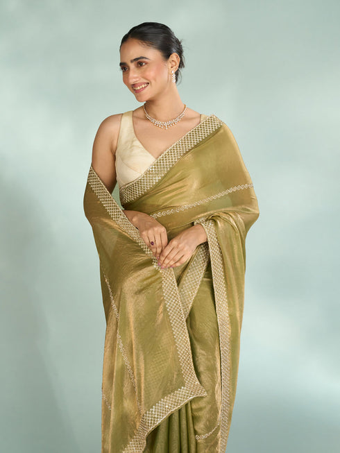 Mohey Pista Green Charm Organza Saree