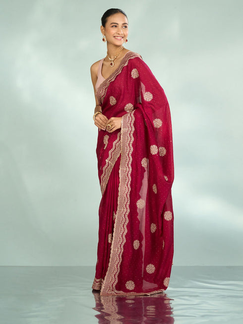 Mohey Gleaming Maroon Saree