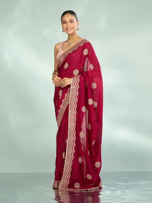 Mohey Gleaming Maroon Saree