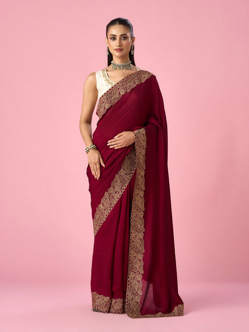 Mohey Wine Silk Saree with Zari Work