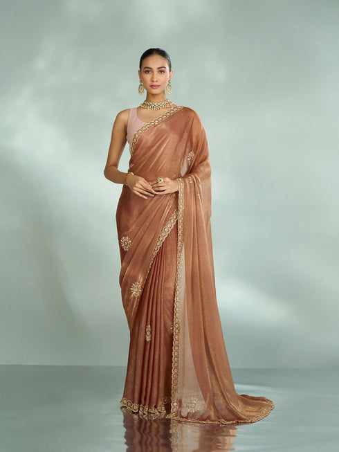 Mohey Elegant Rust Red Chinon Saree
