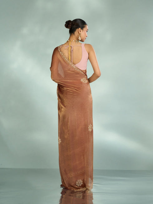 Mohey Elegant Rust Red Chinon Saree