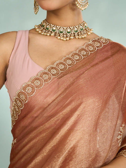 Mohey Elegant Rust Red Chinon Saree