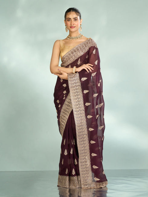 Mohey Wine Elegance Organza Saree