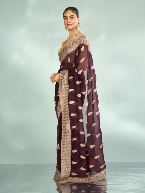 Mohey Wine Elegance Organza Saree