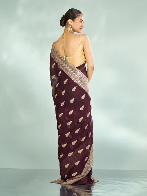 Mohey Wine Elegance Organza Saree