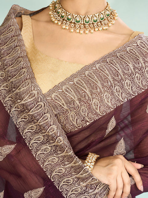 Mohey Wine Elegance Organza Saree