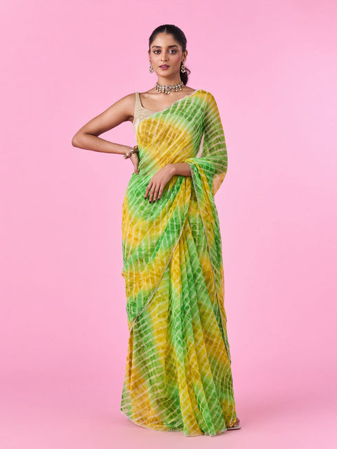 Mohey Elegant Green-Yellow Chiffon Saree