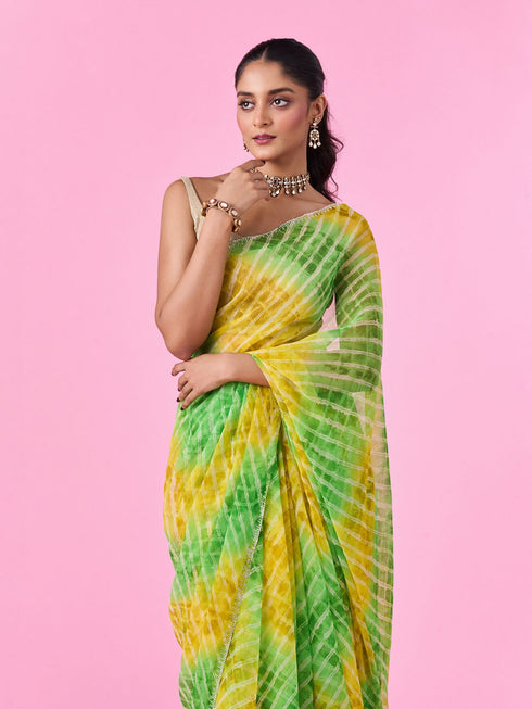 Mohey Elegant Green-Yellow Chiffon Saree