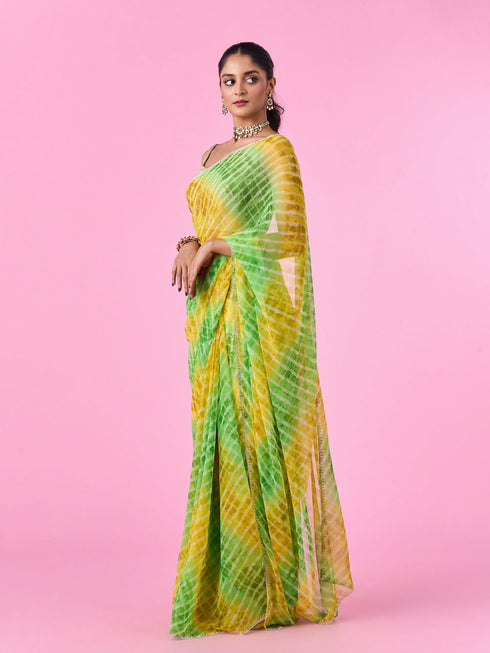 Mohey Elegant Green-Yellow Chiffon Saree