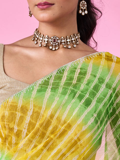 Mohey Elegant Green-Yellow Chiffon Saree