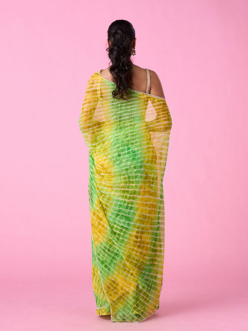 Mohey Elegant Green-Yellow Chiffon Saree