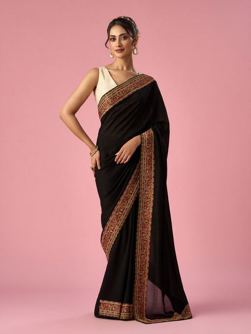 Mohey Black Silk Saree with Stone Work