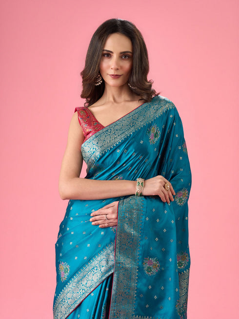 Mohey Radiant Teal Blue Banarasi Saree