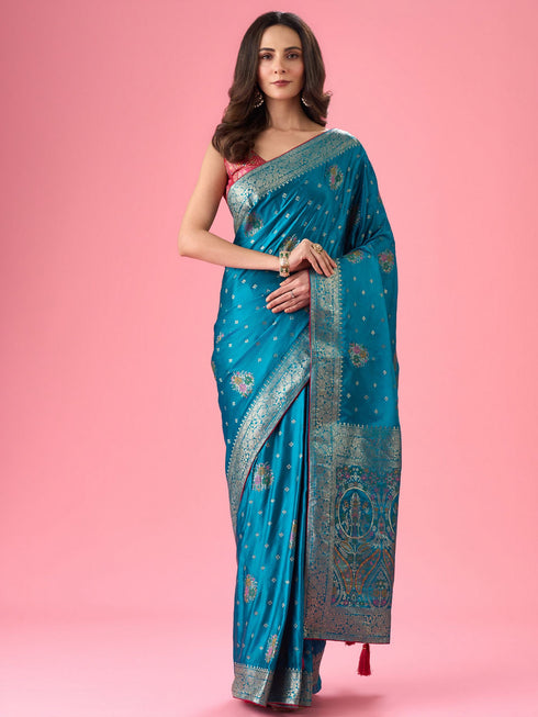 Mohey Radiant Teal Blue Banarasi Saree