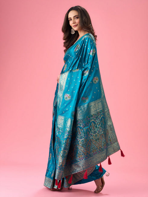 Mohey Radiant Teal Blue Banarasi Saree