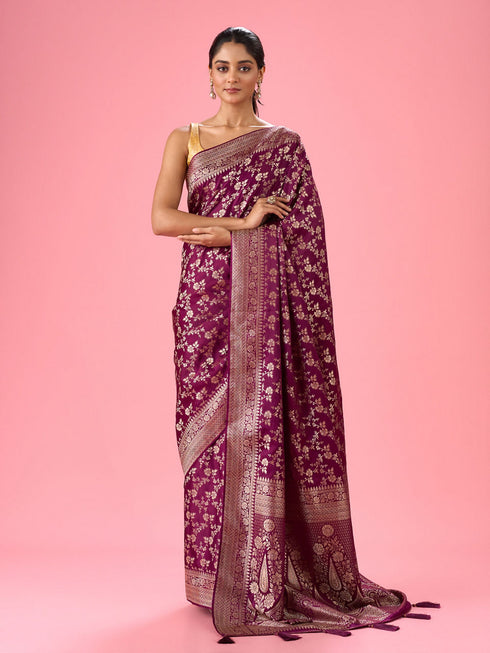 Mohey Enthralling Wine Banarasi Saree