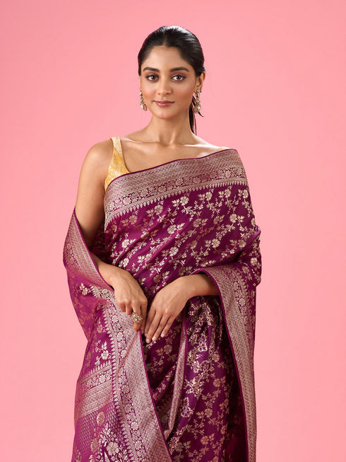 Mohey Enthralling Wine Banarasi Saree