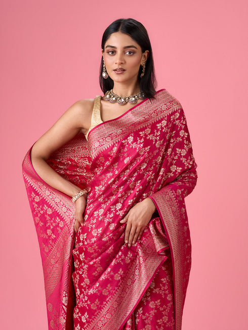 Mohey Radiant Pink Banarasi Saree