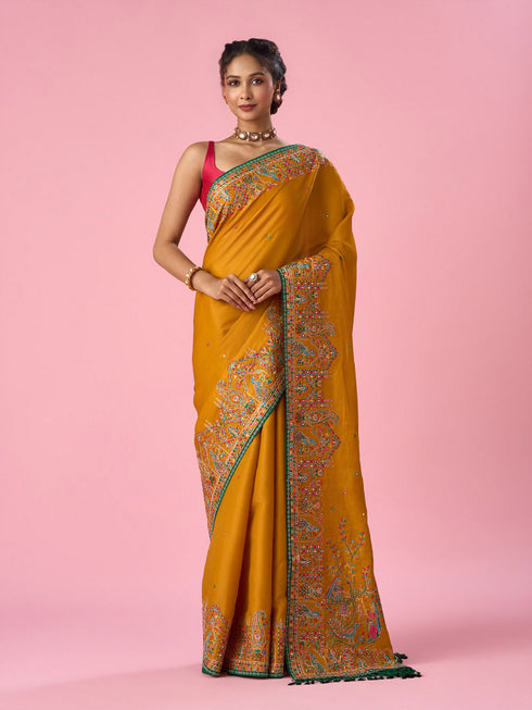 Mohey Mustard Yellow Silk Saree with Hand Embroidery