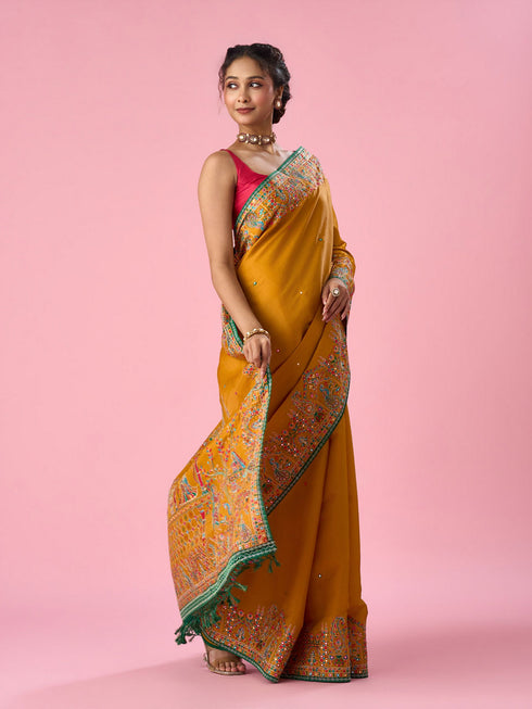 Mohey Mustard Yellow Silk Saree with Hand Embroidery