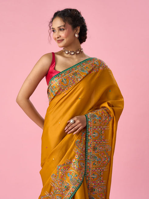 Mohey Mustard Yellow Silk Saree with Hand Embroidery