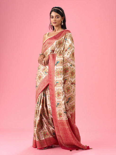 Mohey Dazzling Cream Banarasi Saree Ensemble